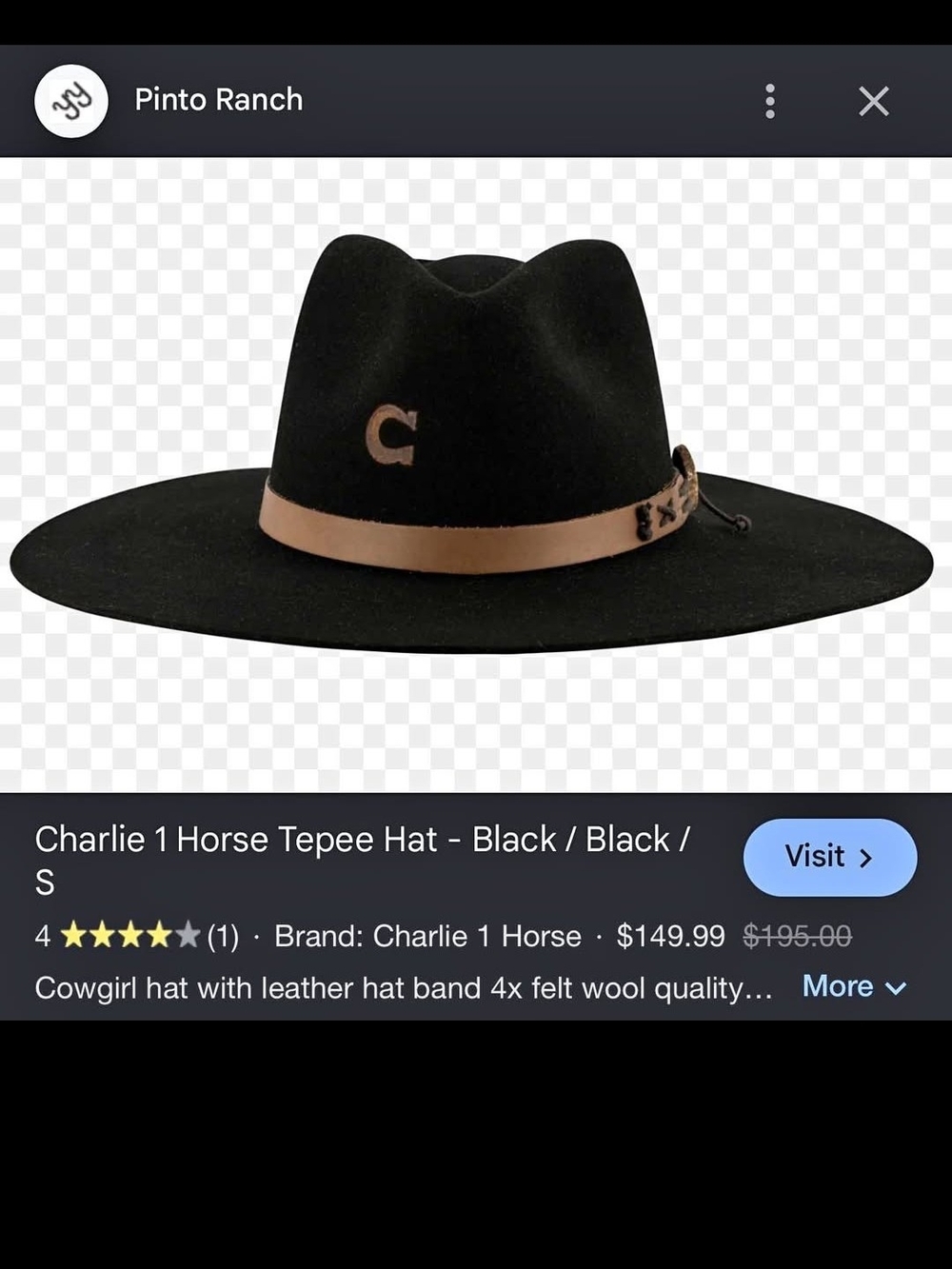 Charlie 1 Horse Black Tepee Wool Felt Hat with Leather Band